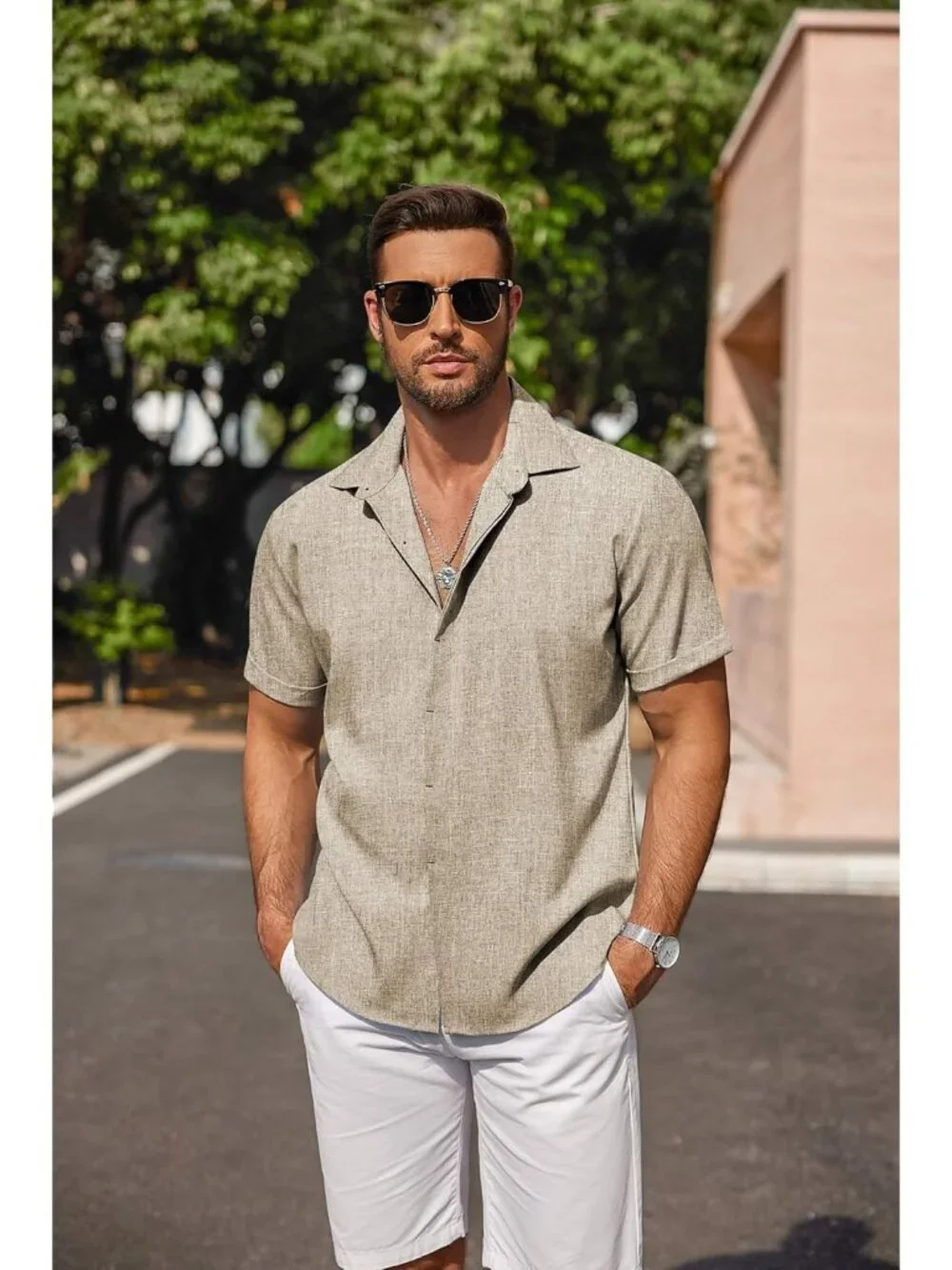 Men's Khaki Beach Linen Short Sleeve Casual Shirts Button Down